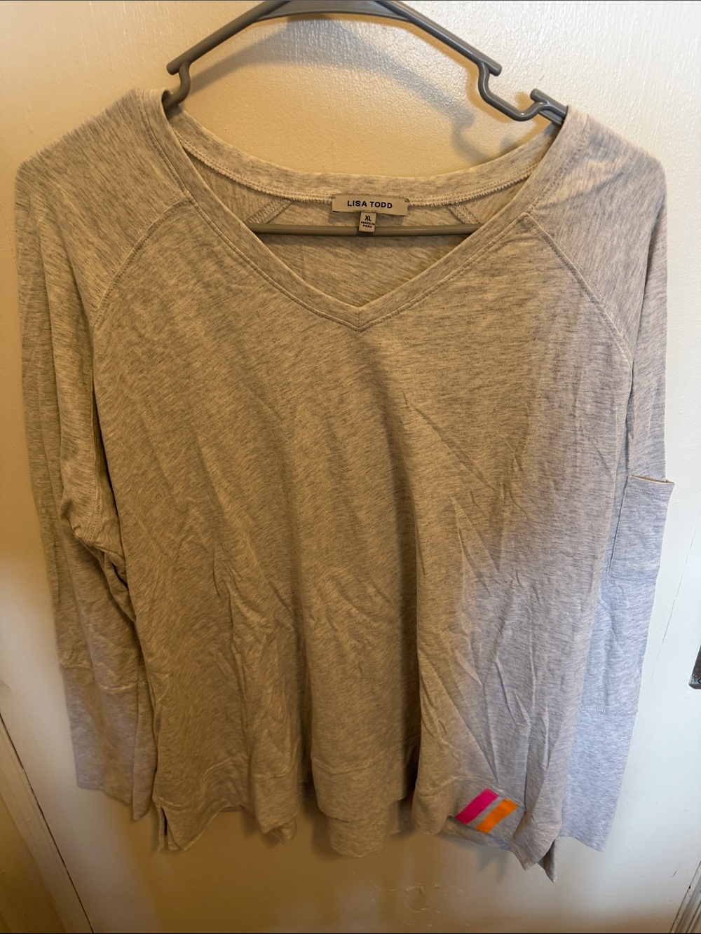 Lisa Todd Heather Gray V-Neck Long Sleeve Pullover with Color Stripe